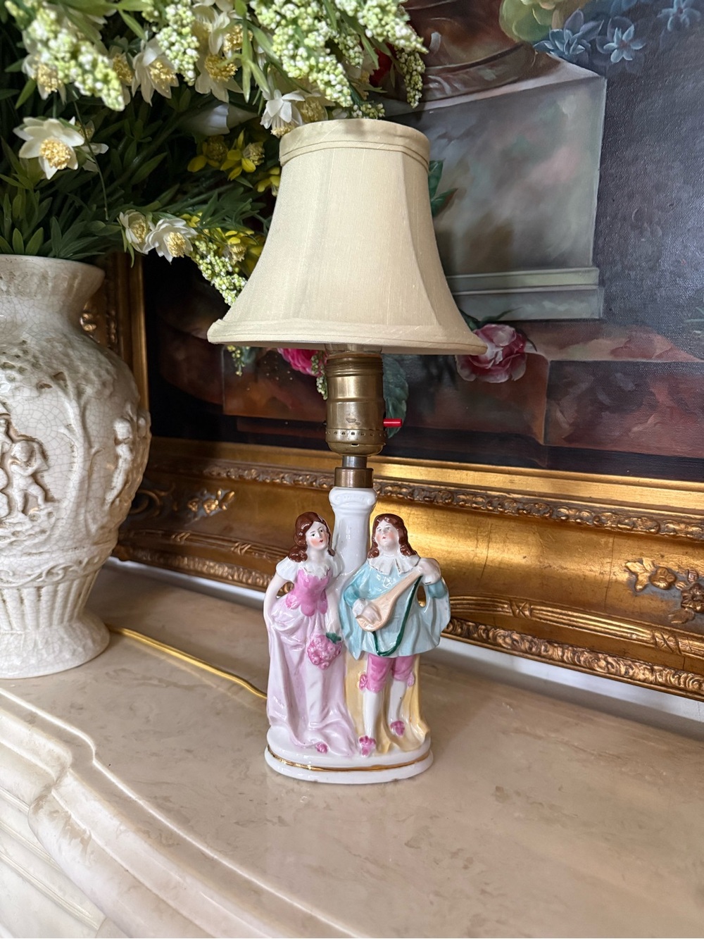 Porcelain Figurine Table Lamp in Cream, Pink and Blue - Unbranded
